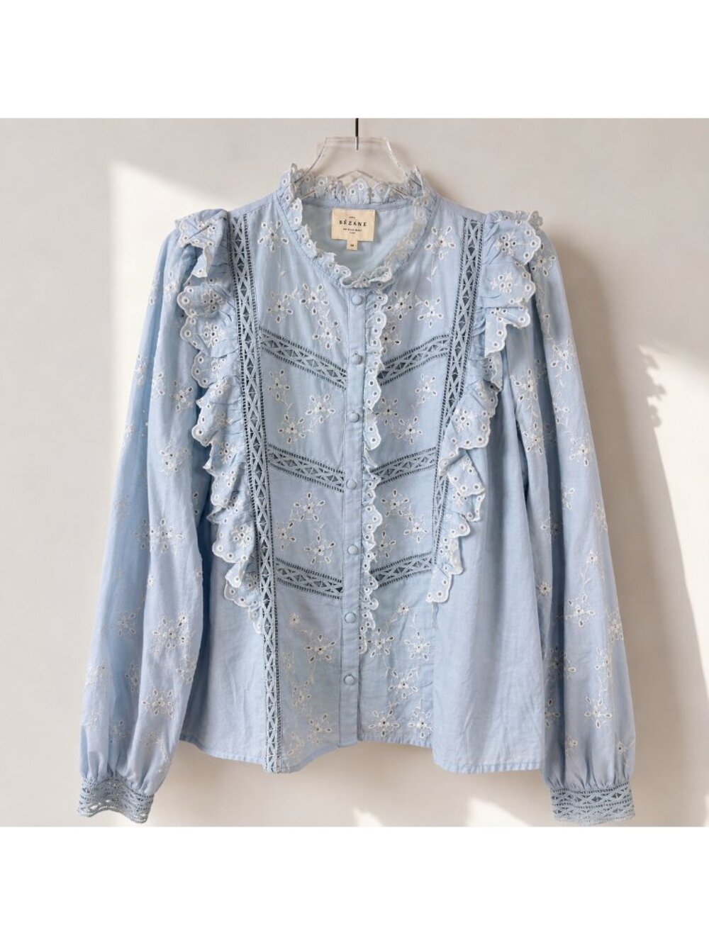 Sézane Irma Shirt Light Blue Ecru Embroidered Ruffle Blouse Size FR 46/ US 14 - Picture 6 of 16